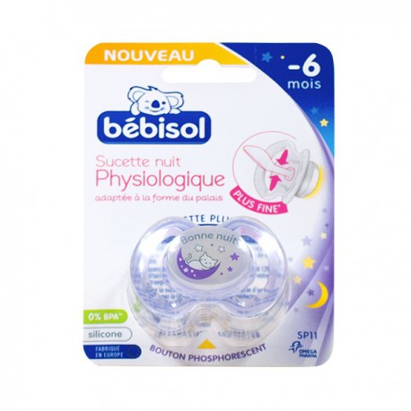 Bébisol Sucette Nuit Physiologique Silicone Violette Chat -6m